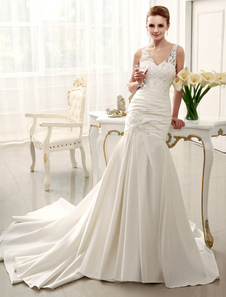 Robe de mariage sirène en satin ivoire à col V traîne chapelle