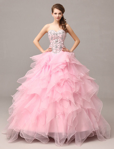 Robe de soirée rose Tiered strass bretelles Organza Ruffles Dress