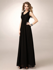 Robe mère de mariés en chiffon noir col V avec dentelle