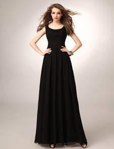 Robe mère de mariés en chiffon noir col rond plissé