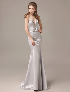 Robe de soirée sirène en satin argent avec noeud