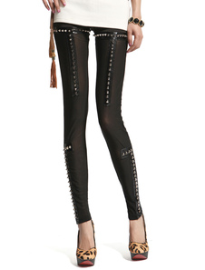 Leggins noirs en tulle de style cuir verni clouté