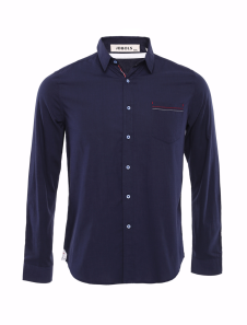 Chemise en coton bleu foncé unicolore avec poche de manche longue