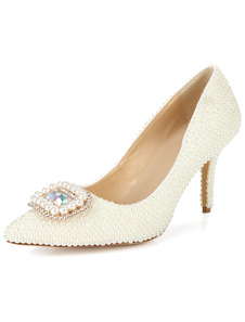 Escarpins à bout pointu en cuir véritable verni avec perles