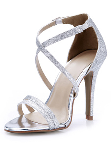 Attrayantes sandales argentes à bout ouvert en tissu de paillettes creusé
