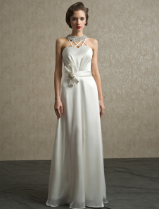 Robe de mariée A-ligne en satin stretch ivoire avec perles à licou