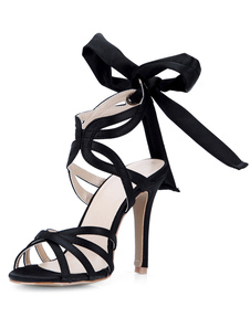 Belles sandales mode noires à bout ouvert en fausse soie creusé