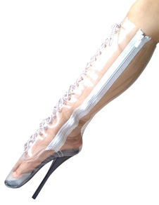 Transparents oeillets ronde Toe PU cuir talons bottes pour dames Sexy