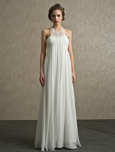 Robe mariée A-ligne en chiffon ivoire avec strass à licou