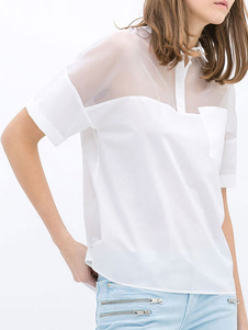 Blouse en polyester blanc unicolore avec dentelle