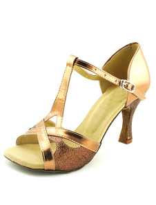 Chaussure femme de latine bride T en PU brillant à talon bobine et peep-toe