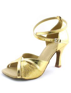 Chaussure danse latine en PU brillant à talons bobines et peep-toe