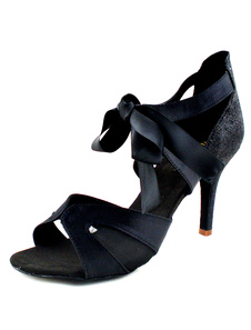 Chaussure de danse latine en satin à talon bobine et peep-toe avec ruban en nœud
