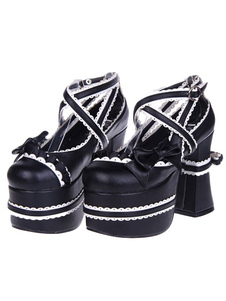 Élégant noir ronde Toe PU cuir rue porter des chaussures Lolita