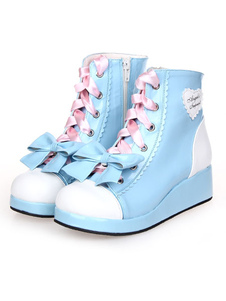 Bottes Lolita bleu ciel coin talons lacets arc Decor Zip conçu