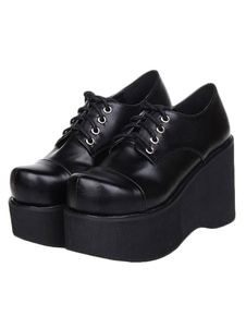 Chaussures Lolita dentelle de haute qualité en cuir noires PU