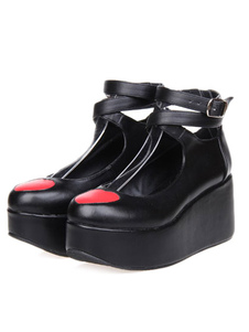 Chaussures Lolita Street Wear PU noires en cuir cheville sangle plate-forme