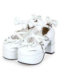 Talons blancs Chunky Lolita Shoes Square talons hauts cheville sangle arcs coeur forme boucles