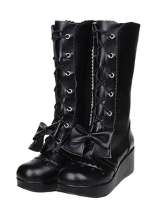 Sweet Street Wear noir PU cuir lacets chaussures Bow Lolita