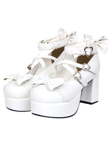 Forme de coeur blanc talons carrés Chunky Lolita Shoes plateforme cheville bracelet boucles boucles