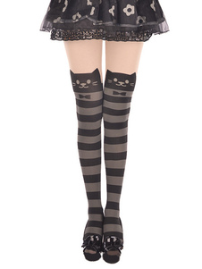 Bas Lolita noirs en velours à motif de chat à rayure
