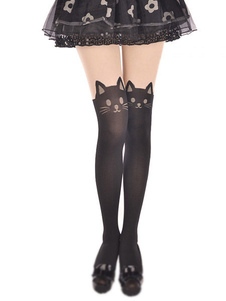 Bas lolita noirs en velours à motif de chat