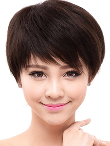 Perruques de cheveux humains brun foncé court côté balayé Bangs simple pour femme