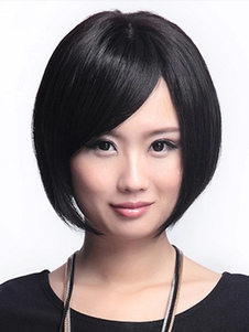 Perruques de cheveux humains romantique noir court côté balayé Bangs pour femmes