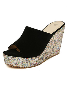 Sandales compensées noires en micro daim color-block avec paillettes