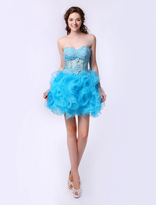 Robe de cérémonie en organza bleu à volant multicouche