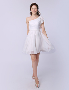 Robe de érémonie en chiffon ivoire avec volant vertical à une épaule