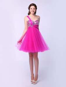 Robe de bal fuchsia à une épaule avec strass et paillette