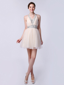 Robe de érémonie de diplôme A-ligne en tulle nude avec paillettes à licou