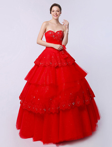 Robe boule multicouche en tulle rouge avec perles et dentelles