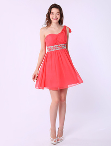 Robe de cérémonie A-ligne en chiffon rouge melon à une épaule avec perles