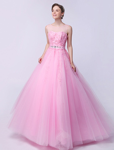 Fascinante robe boule bustier en tulle rose avec perles