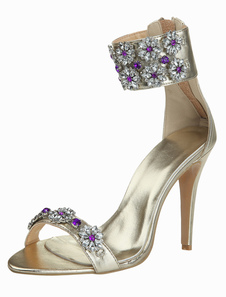 Attrayantes sandales d'or à bout ouvert en peau de mouton avec strass