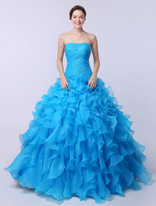 Robe boule bustier en bleu avec perles à traîne ondée et multicouche