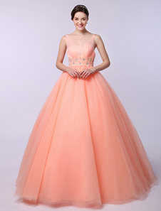 Robe boule séduisante en tulle orange avec perles de col-V