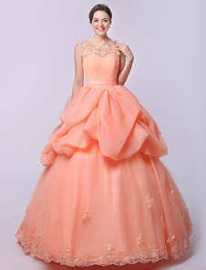 Robe boule élégante en organza orange avec perles de col trou de serrure