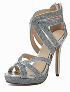 Sandales attrayantes gladiateur gris en tissu de paillettes à talons aigus