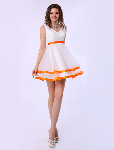 Robe de érémonie de diplôme A-ligne en orange multicouche de col-V