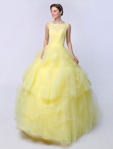 Robe boule en tulle jonquille avec perles de col rond à dos décolleté