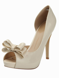 Chaussures à bout ouvert à talons aigus en PU verni nude avec noeud