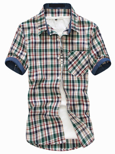 Plaid de mélange coton manches courtes de façonnage répandre cou Shirt pour hommes
