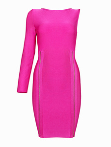 Charmante robe bodycon en rayonne fuchsia à une épaule unicolore avec zip