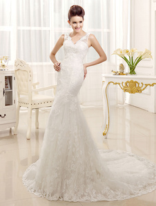 Robe de mariée Ivoire sirène bretelles dentelle dos en V