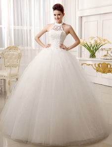 Robe de mariée magnifique boule ivoire plissée à licou de longueur plancher