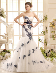 Robe de mariage à sirène en voile de tulle ivoire avec perles