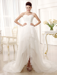 Chic robe de mariage asymétrique A-ligne en organza ivoire avec dentelle